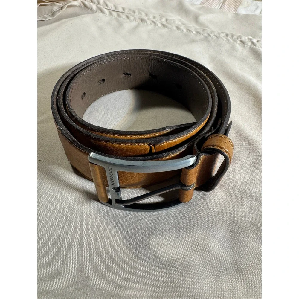 Ferracini Mens Tan Brown Leather Belt Made in Brazil Silver Buckle Size 32
